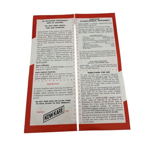 Vintage Kow-Kare Vitamin Mineral Supplement Advertising Brochure Lyndonville VT - Picture 2 of 4